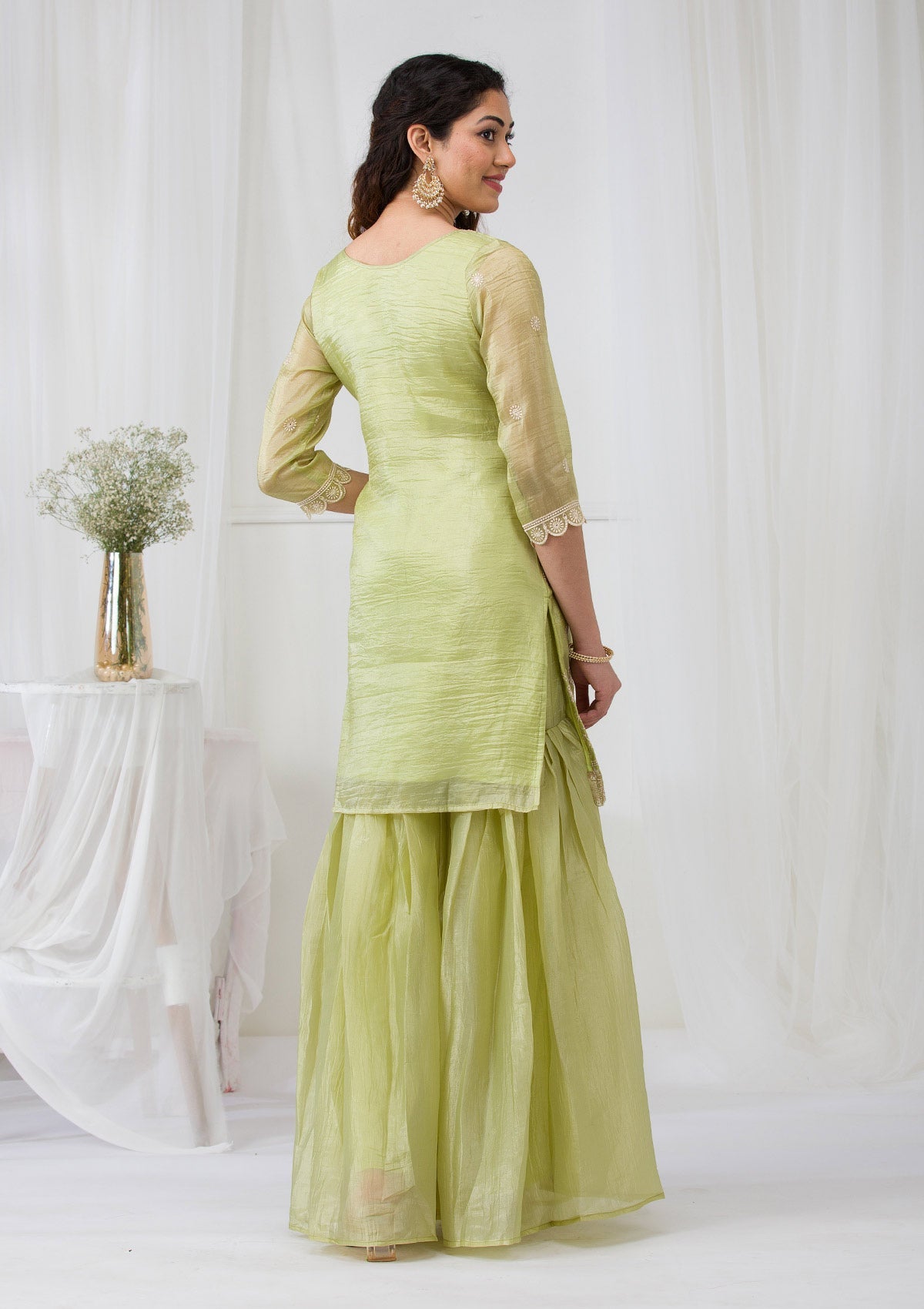 Pista Green Threadwork Semi Crepe Readymade Salwar Suit-Koskii