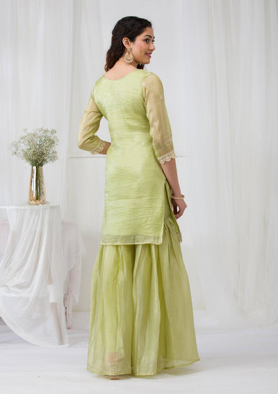 Pista Green Threadwork Semi Crepe Readymade Salwar Suit-Koskii