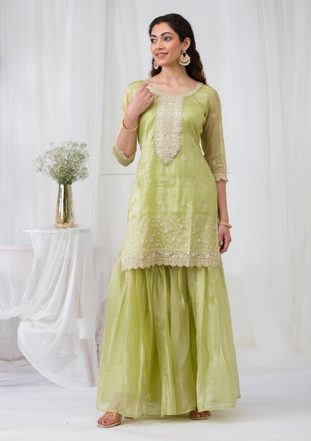 Pista Green Threadwork Semi Crepe Readymade Salwar Suit-Koskii