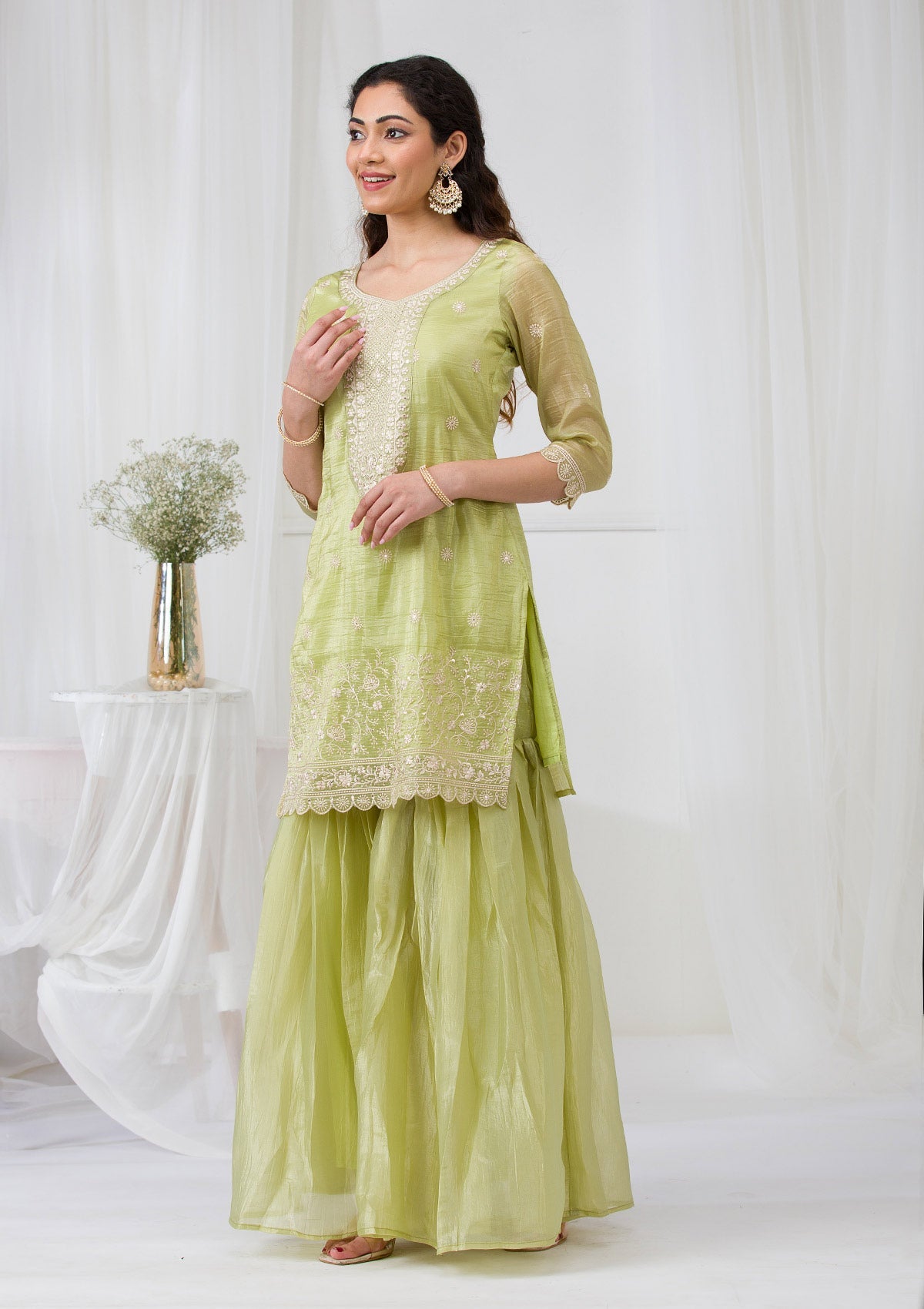 Pista Green Threadwork Semi Crepe Readymade Salwar Suit-Koskii