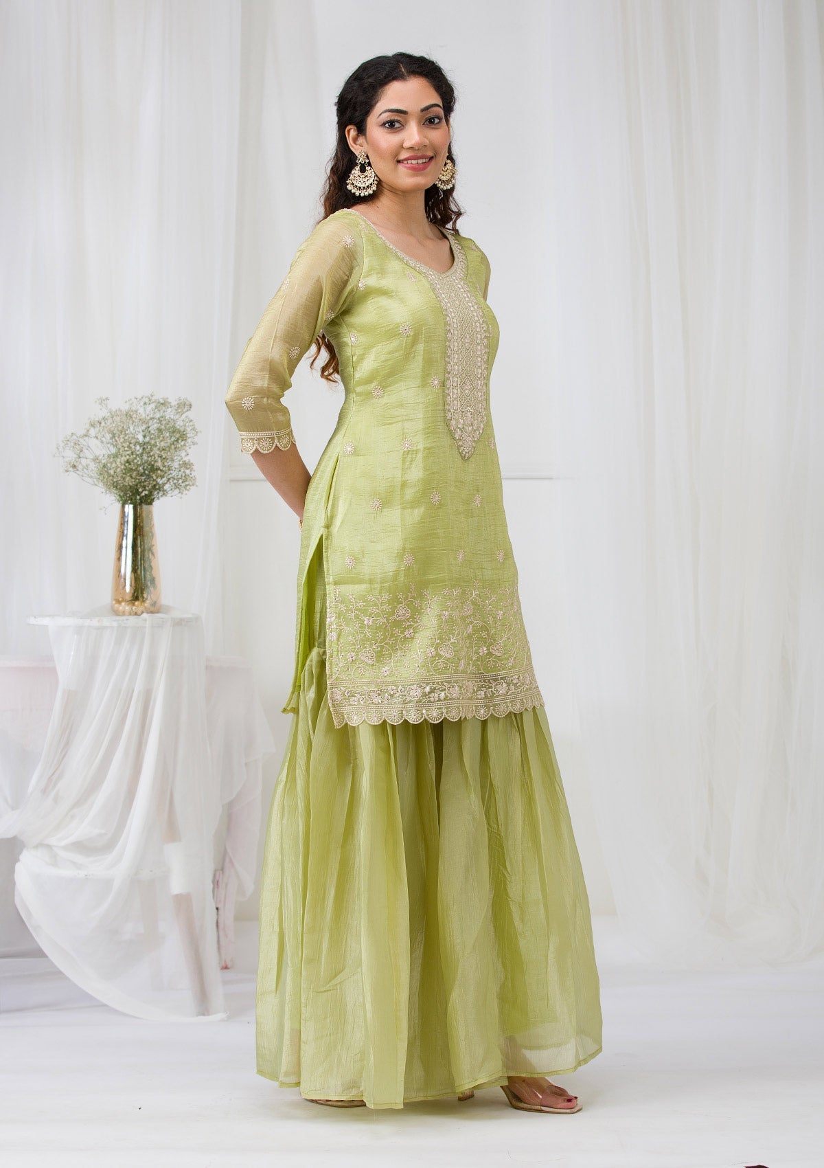 Pista Green Threadwork Semi Crepe Readymade Salwar Suit-Koskii