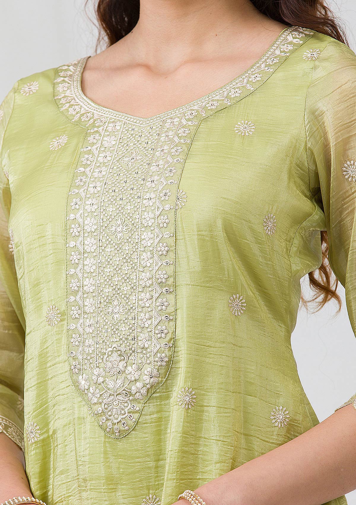 Pista Green Threadwork Semi Crepe Readymade Salwar Suit-Koskii