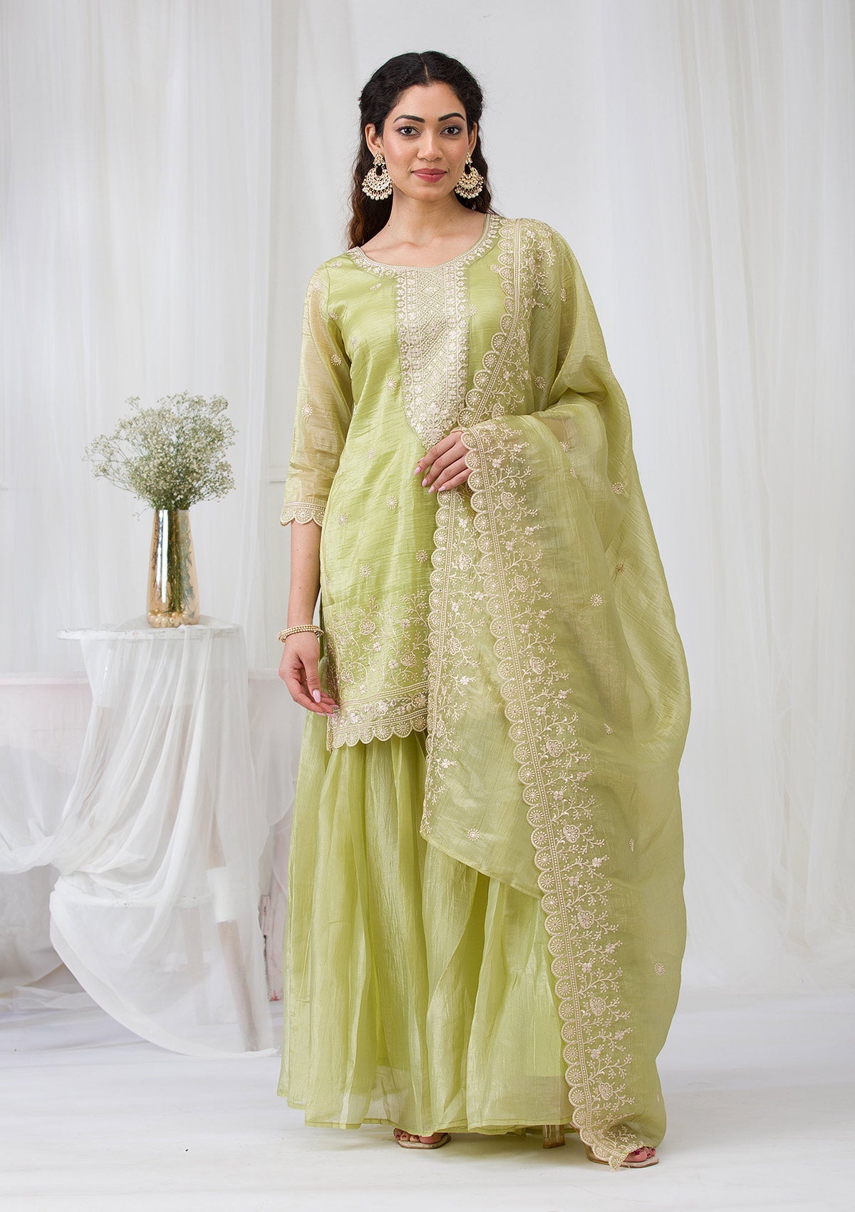 Pista Green Threadwork Semi Crepe Readymade Salwar Suit-Koskii