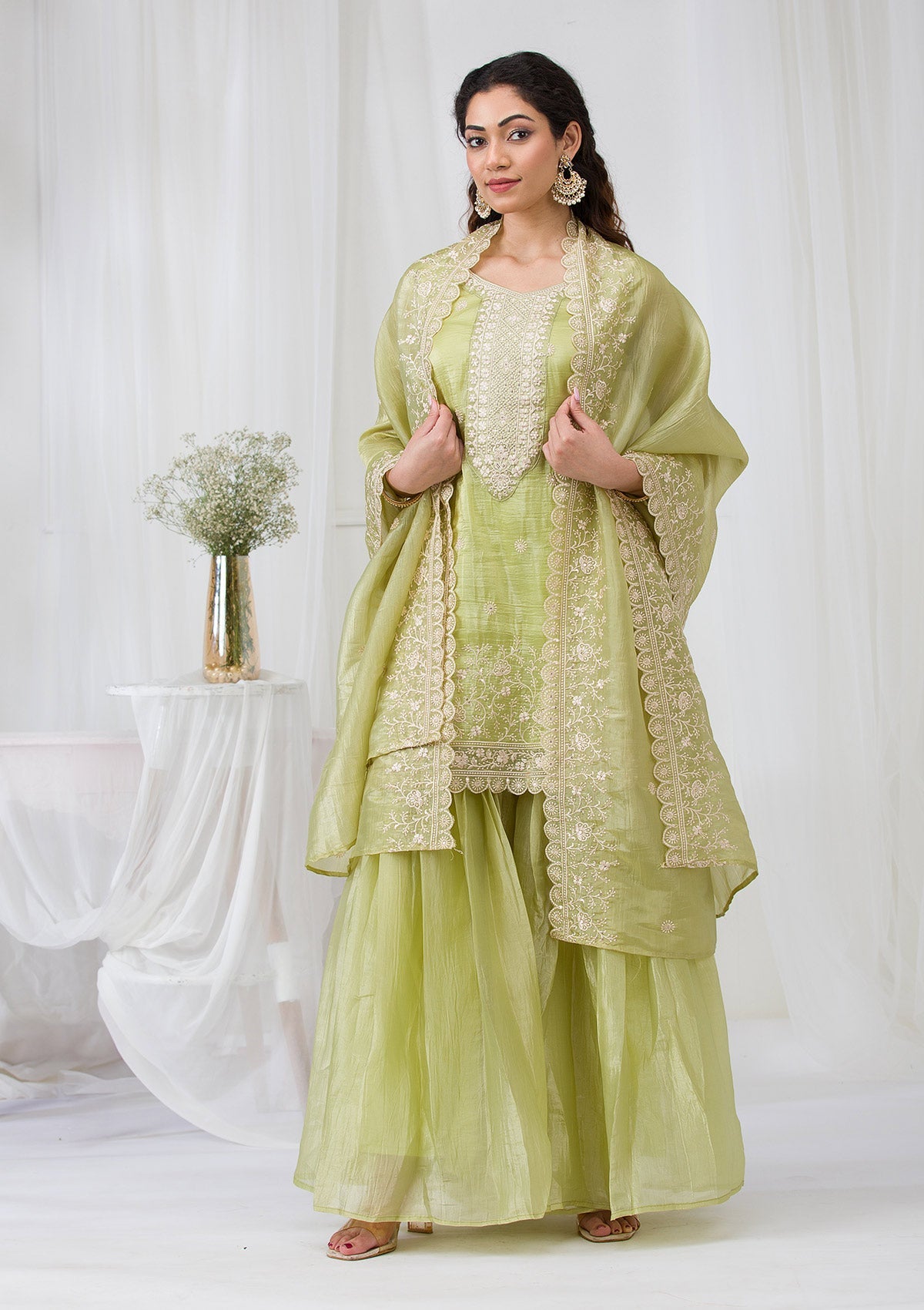 Pista Green Threadwork Semi Crepe Readymade Salwar Suit-Koskii