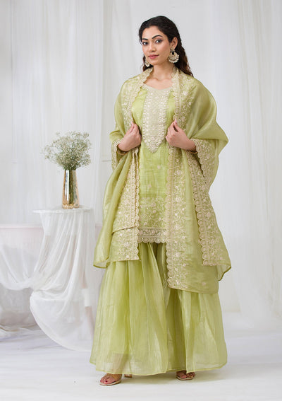 Pista Green Threadwork Semi Crepe Readymade Salwar Suit-Koskii