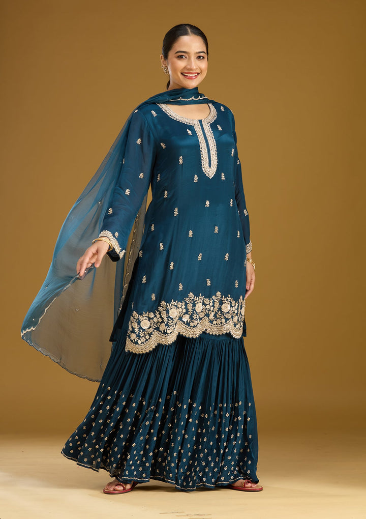Blue Zariwork (Silver) Crepe Readymade Salwar Suit