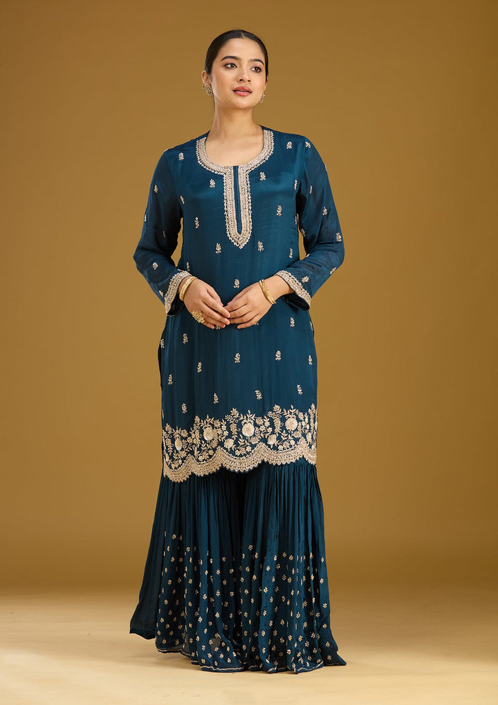 Blue Zariwork (Silver) Crepe Readymade Salwar Suit