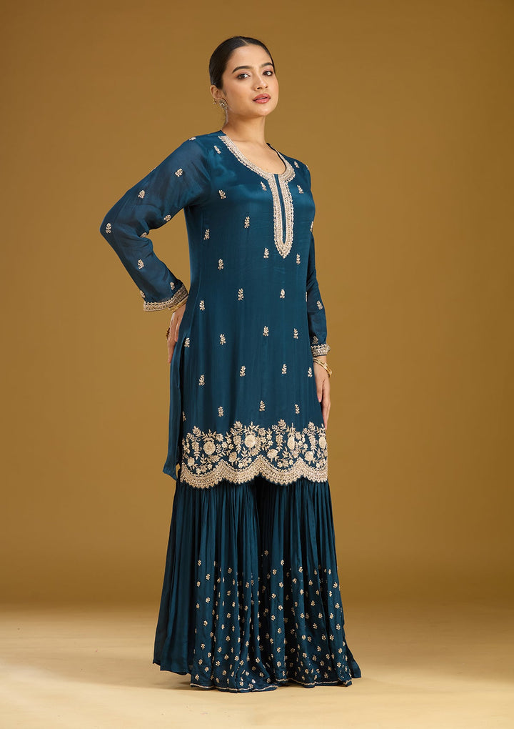 Blue Zariwork (Silver) Crepe Readymade Salwar Suit