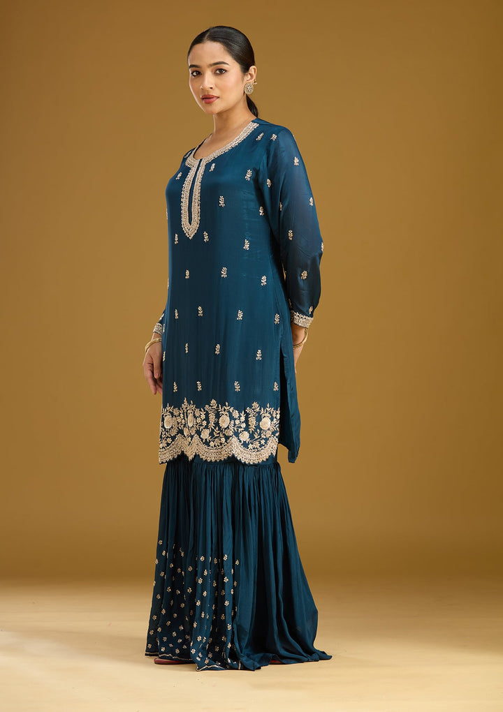 Blue Zariwork (Silver) Crepe Readymade Salwar Suit