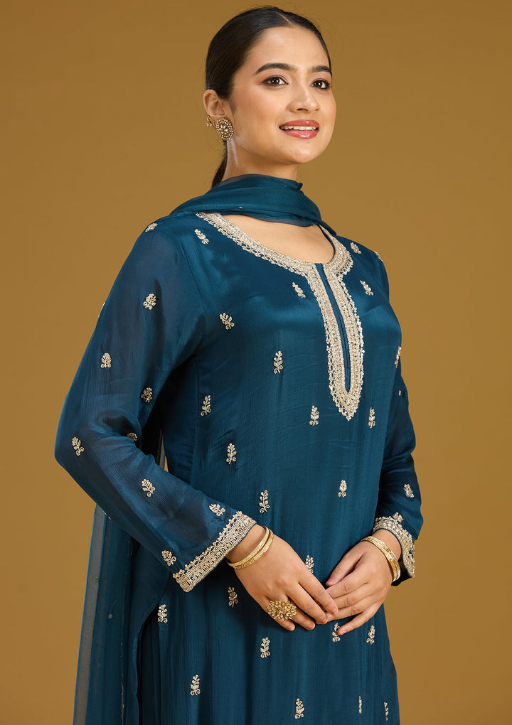 Blue Zariwork (Silver) Crepe Readymade Salwar Suit