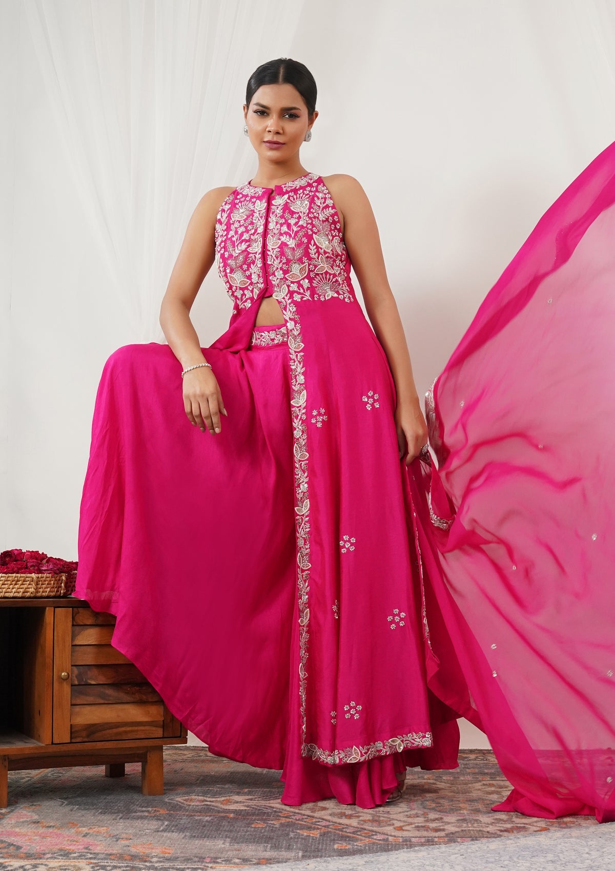 Rani Pink Zariwork Semi Crepe Readymade Salwar Suit-Koskii