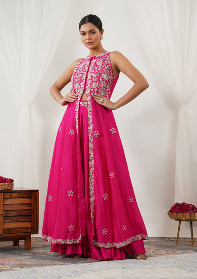 Rani Pink Zariwork Semi Crepe Readymade Salwar Suit-Koskii