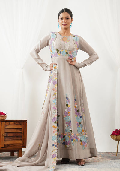 Beige Threadwork Taffeta Silk Readymade Salwar Suit-Koskii