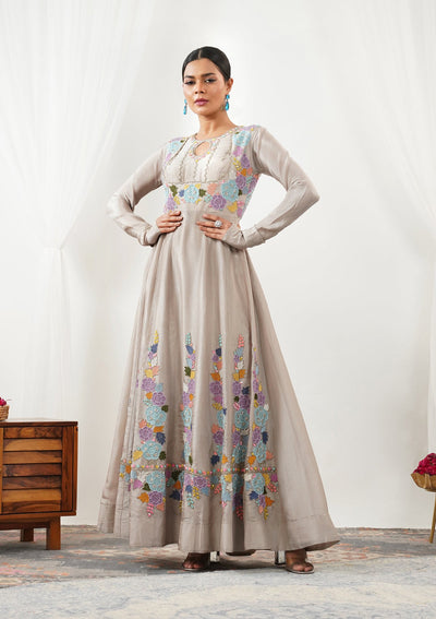 Beige Threadwork Taffeta Silk Readymade Salwar Suit-Koskii