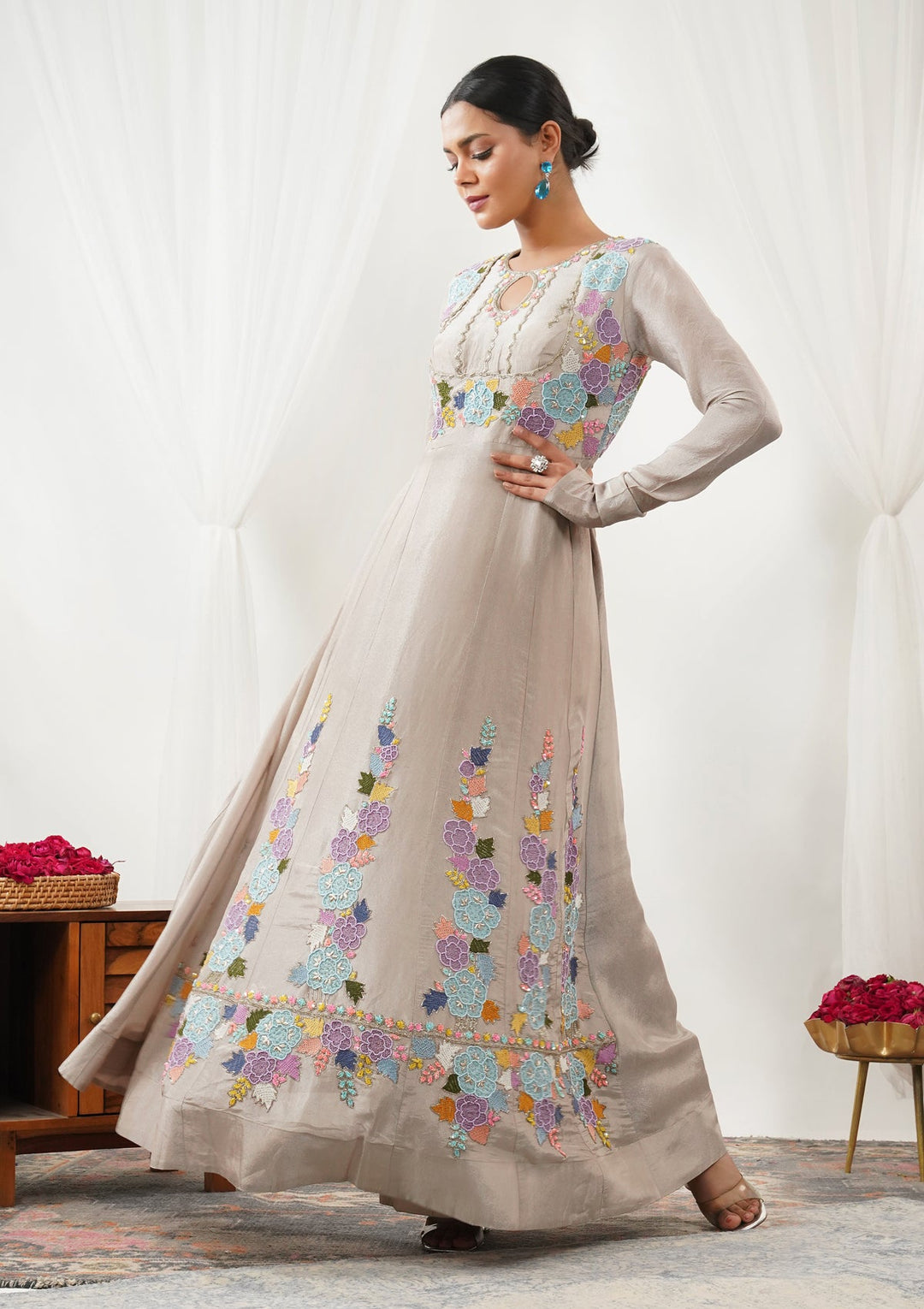 Beige Threadwork Taffeta Silk Readymade Salwar Suit-Koskii