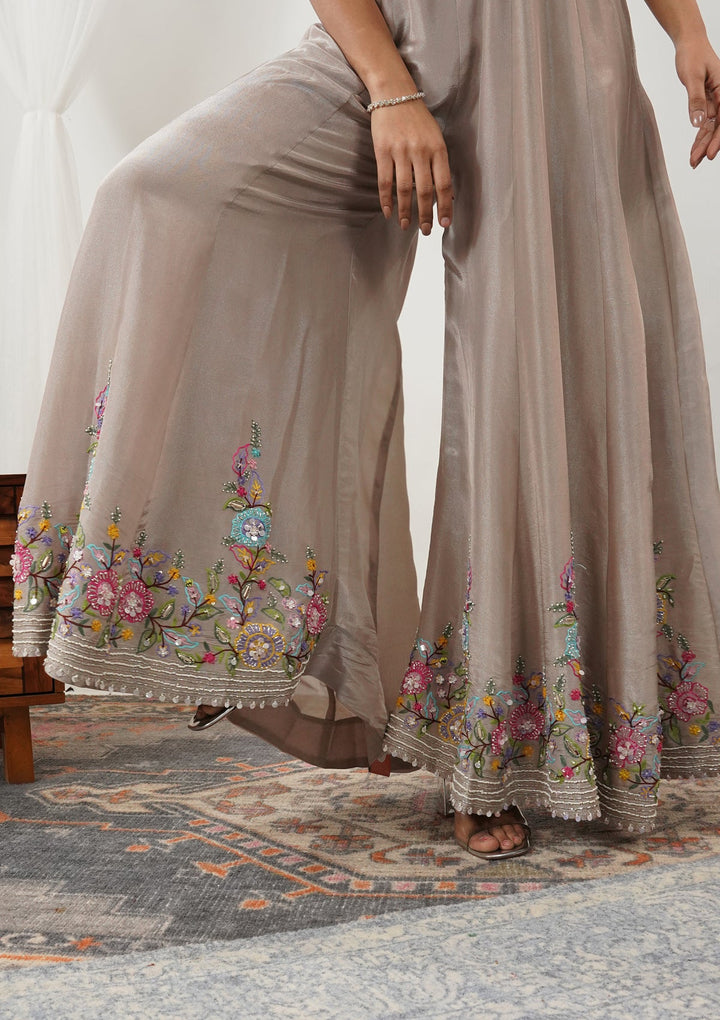 Beige Threadwork Silk Readymade Salwar Suit-Koskii