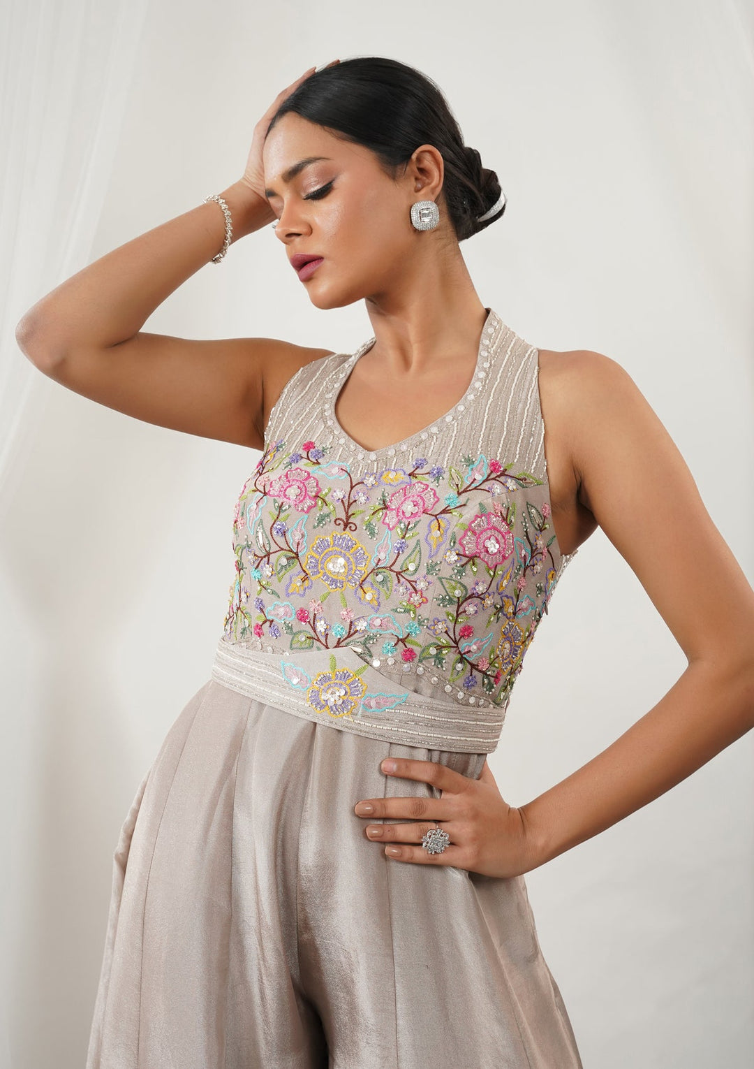 Beige Threadwork Silk Readymade Salwar Suit-Koskii