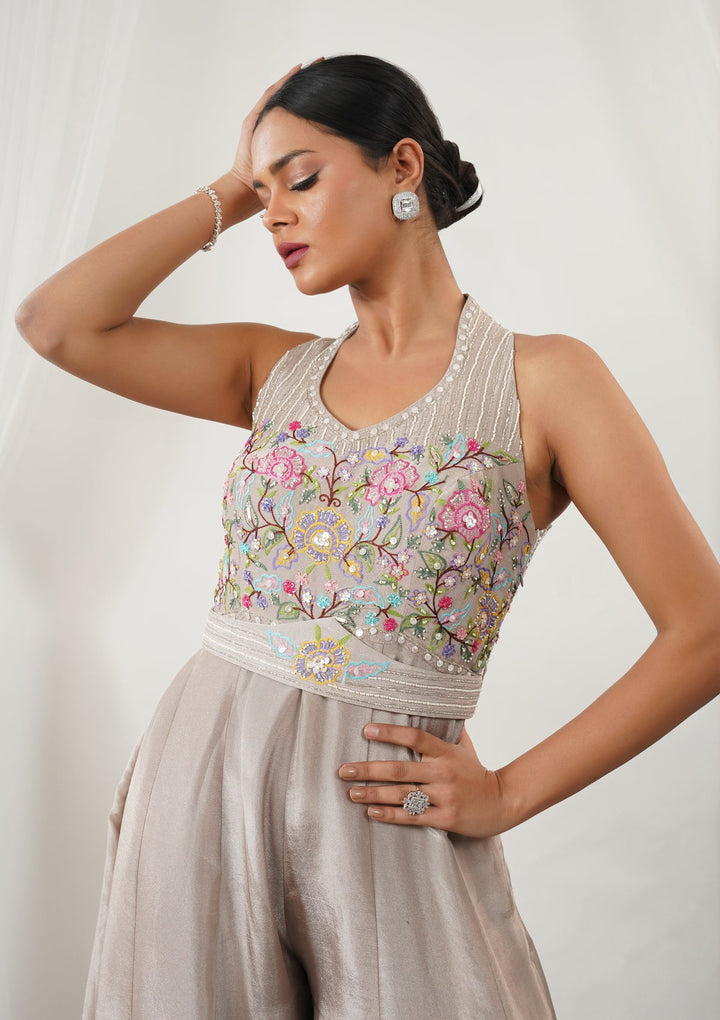 Beige Threadwork Silk Readymade Salwar Suit-Koskii
