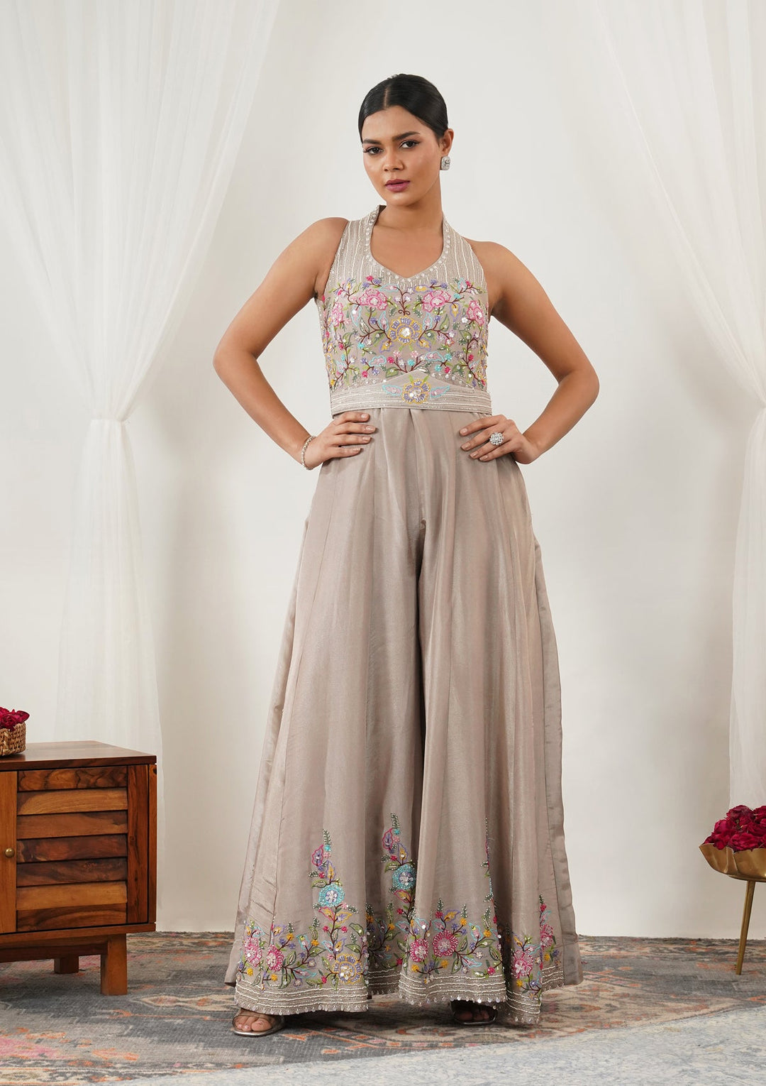 Beige Threadwork Silk Readymade Salwar Suit-Koskii