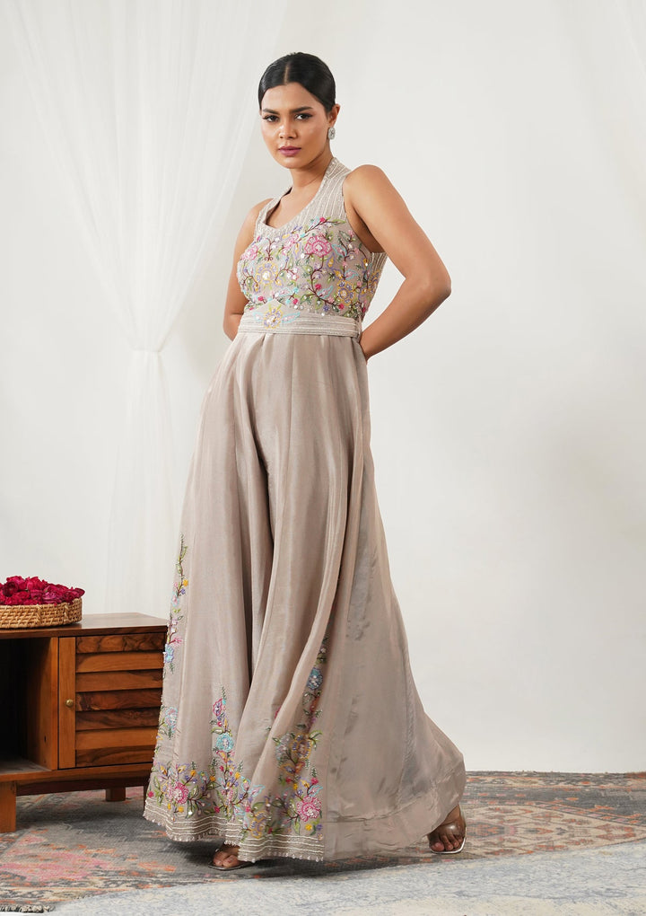 Beige Threadwork Silk Readymade Salwar Suit-Koskii