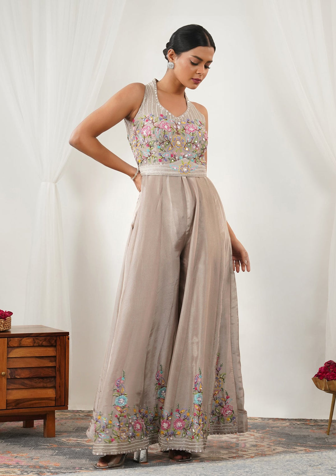 Beige Threadwork Silk Readymade Salwar Suit-Koskii