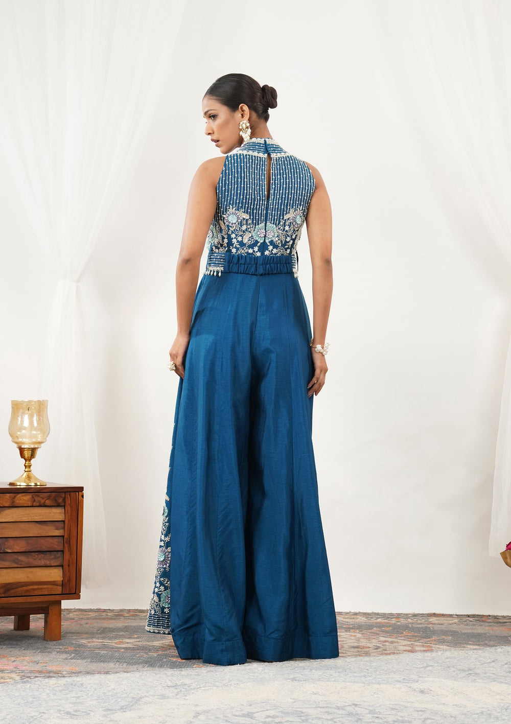 Navy Blue Zariwork Semi Crepe Readymade Salwar Suit-Koskii