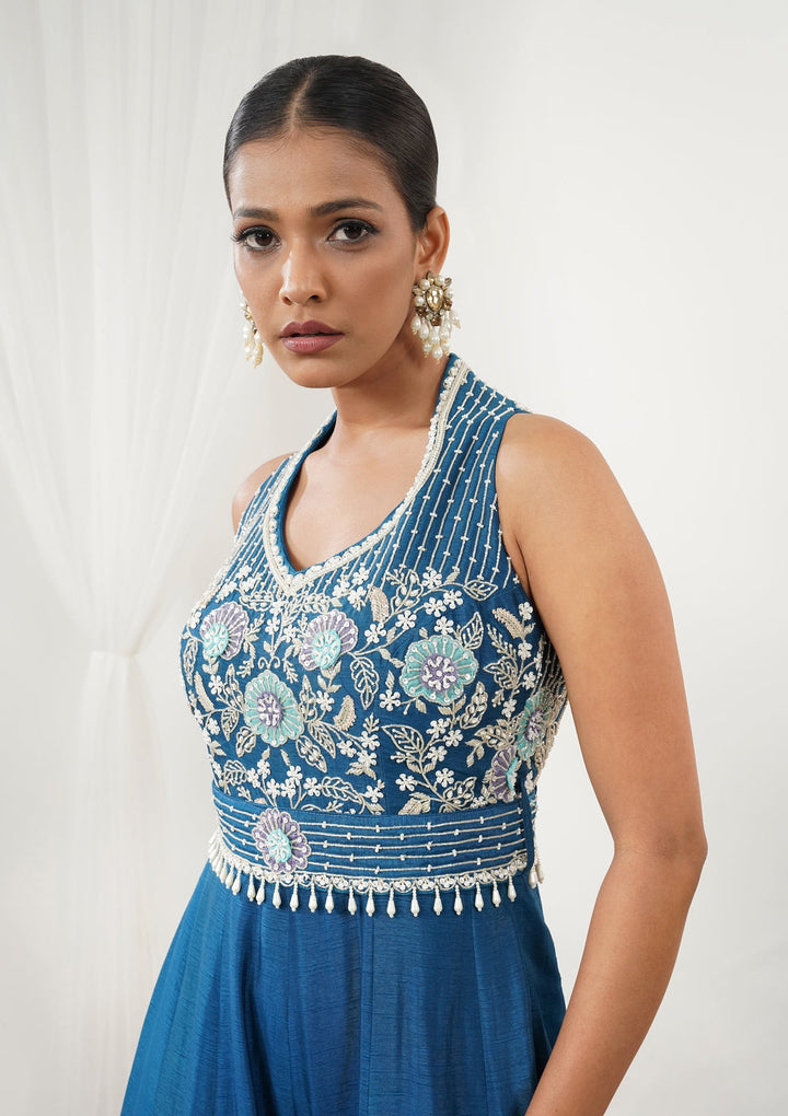 Navy Blue Zariwork Semi Crepe Readymade Salwar Suit-Koskii