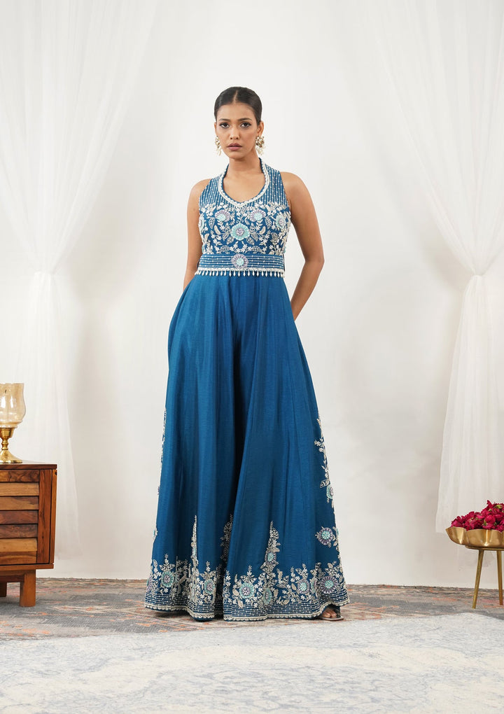 Navy Blue Zariwork Semi Crepe Readymade Salwar Suit-Koskii