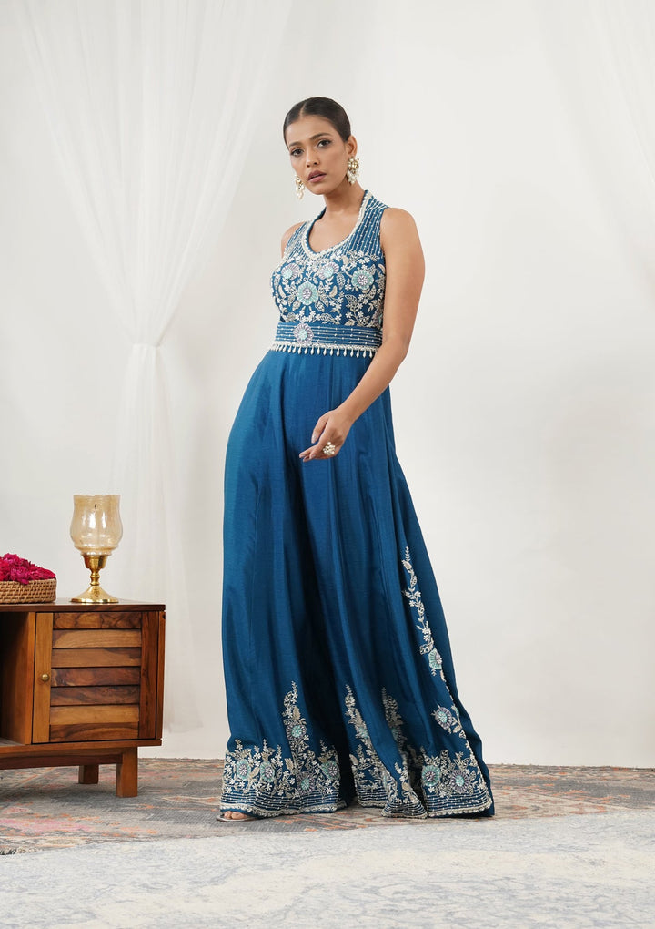 Navy Blue Zariwork Semi Crepe Readymade Salwar Suit-Koskii