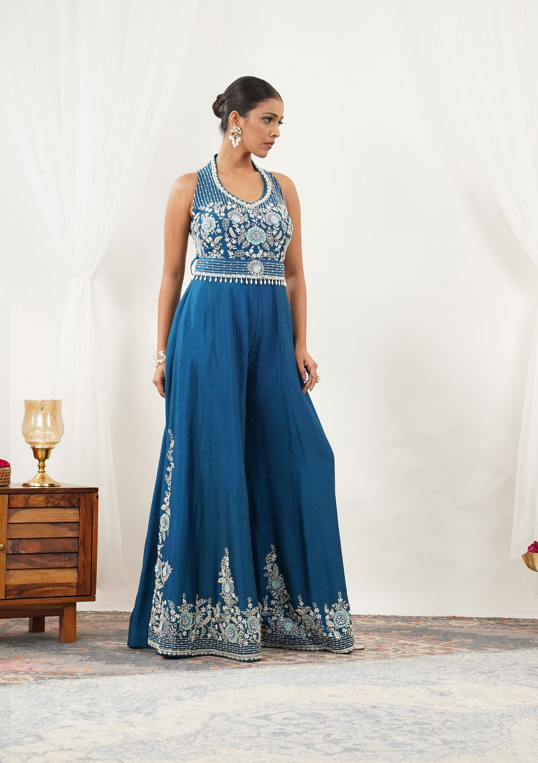Navy Blue Zariwork Semi Crepe Readymade Salwar Suit-Koskii