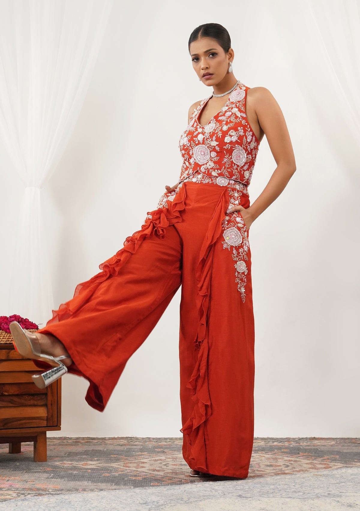 Orange Threadwork Semi Crepe Readymade Salwar Suit-Koskii