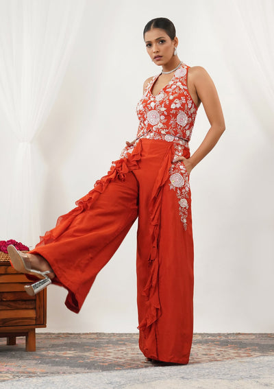 Orange Threadwork Semi Crepe Readymade Salwar Suit-Koskii