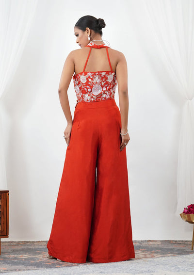 Orange Threadwork Semi Crepe Readymade Salwar Suit-Koskii