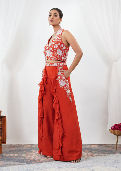 Orange Threadwork Semi Crepe Readymade Salwar Suit-Koskii