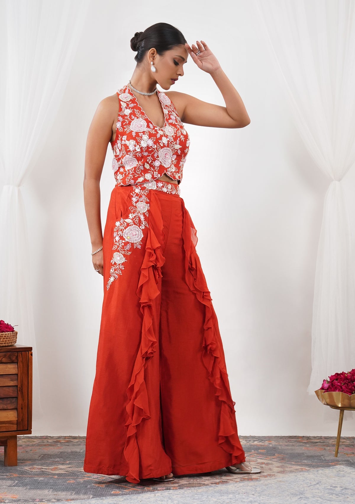Orange Threadwork Semi Crepe Readymade Salwar Suit-Koskii