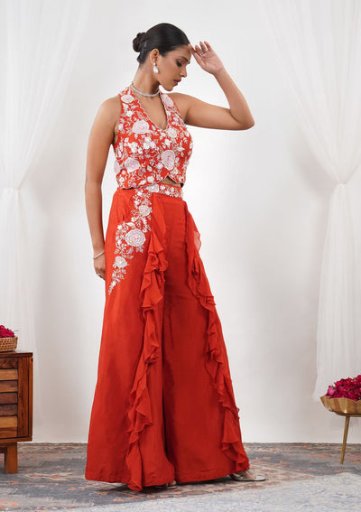 Orange Threadwork Semi Crepe Readymade Salwar Suit-Koskii