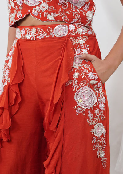 Orange Threadwork Semi Crepe Readymade Salwar Suit-Koskii