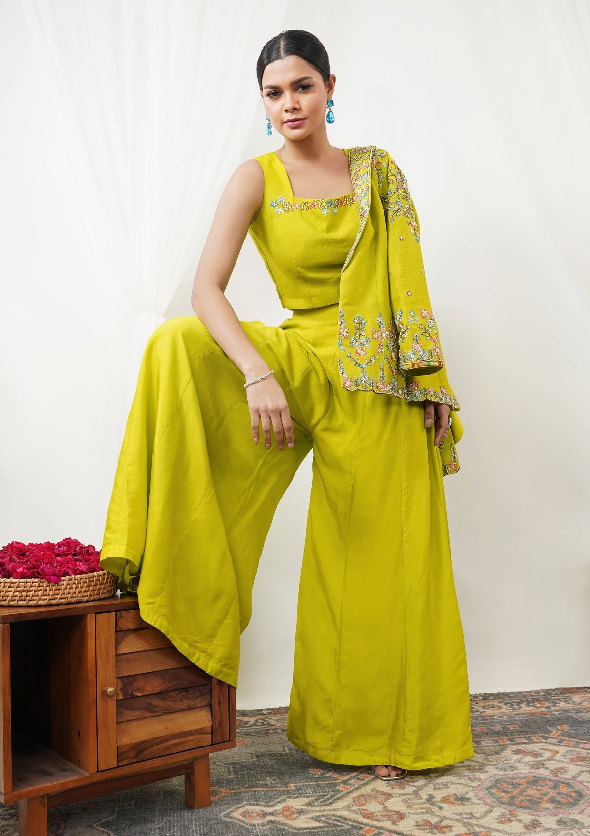 Parrot Green Sequins Raw Silk Readymade Salwar Suit-Koskii