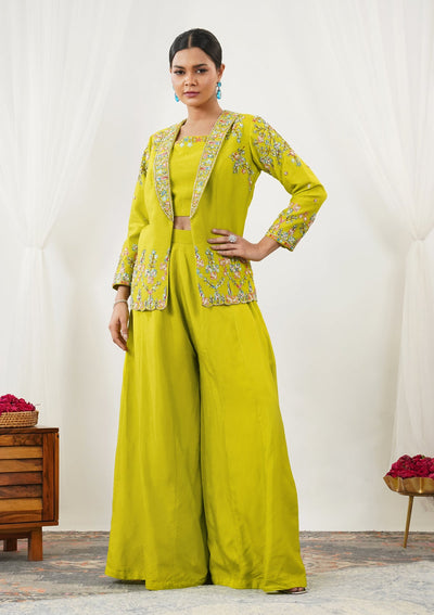 Parrot Green Sequins Raw Silk Readymade Salwar Suit-Koskii