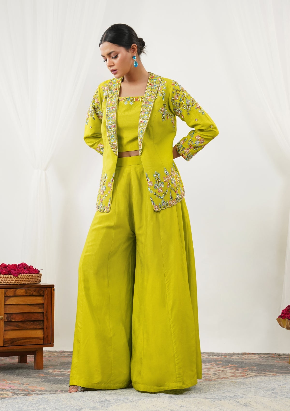 Parrot Green Sequins Raw Silk Readymade Salwar Suit-Koskii