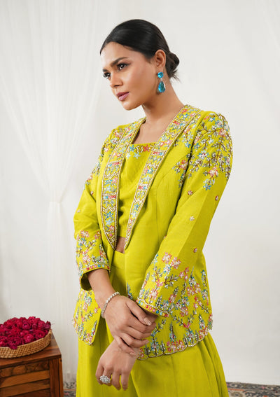 Parrot Green Sequins Raw Silk Readymade Salwar Suit-Koskii