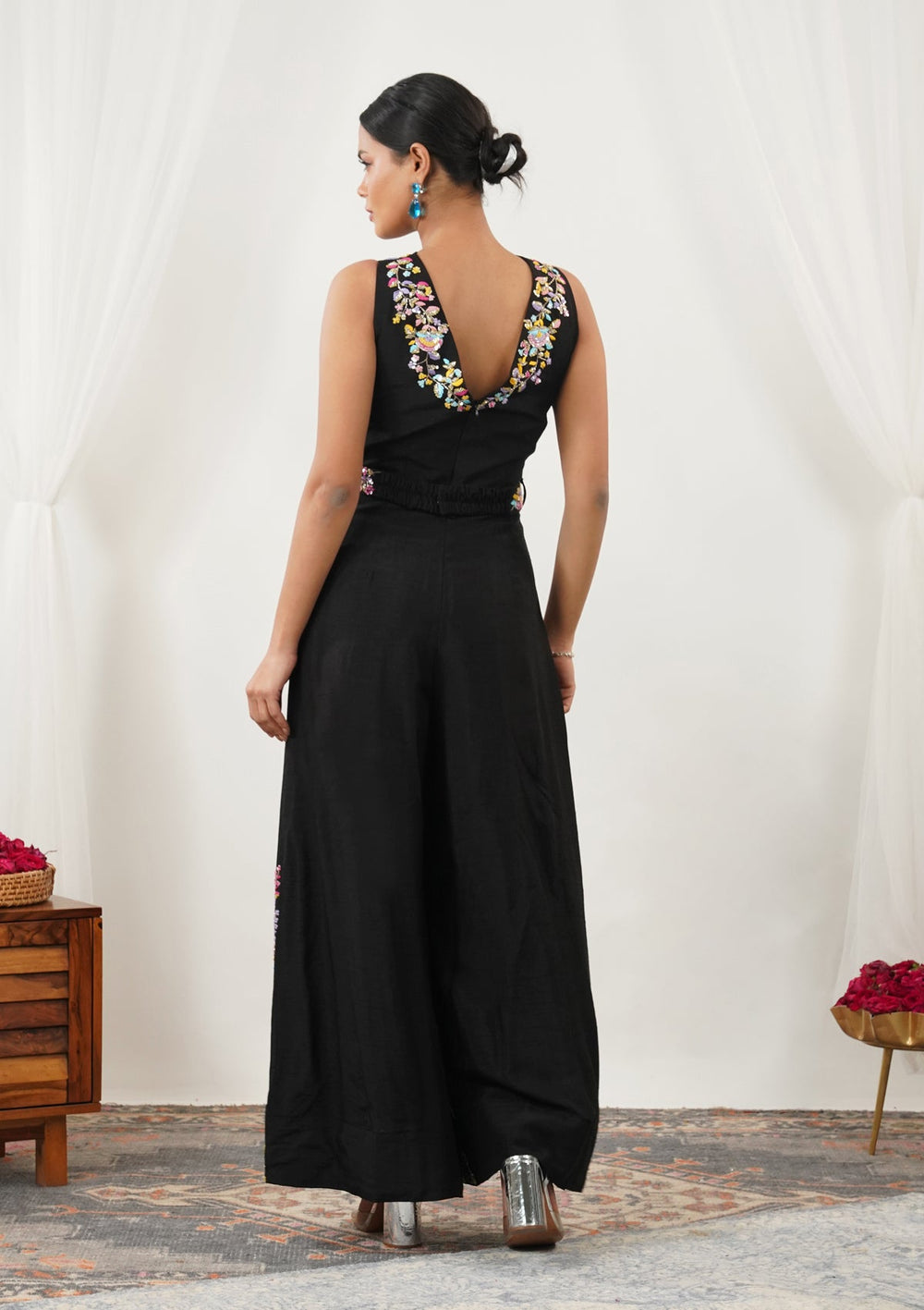 Black Threadwork Silk Readymade Salwar Suit-Koskii