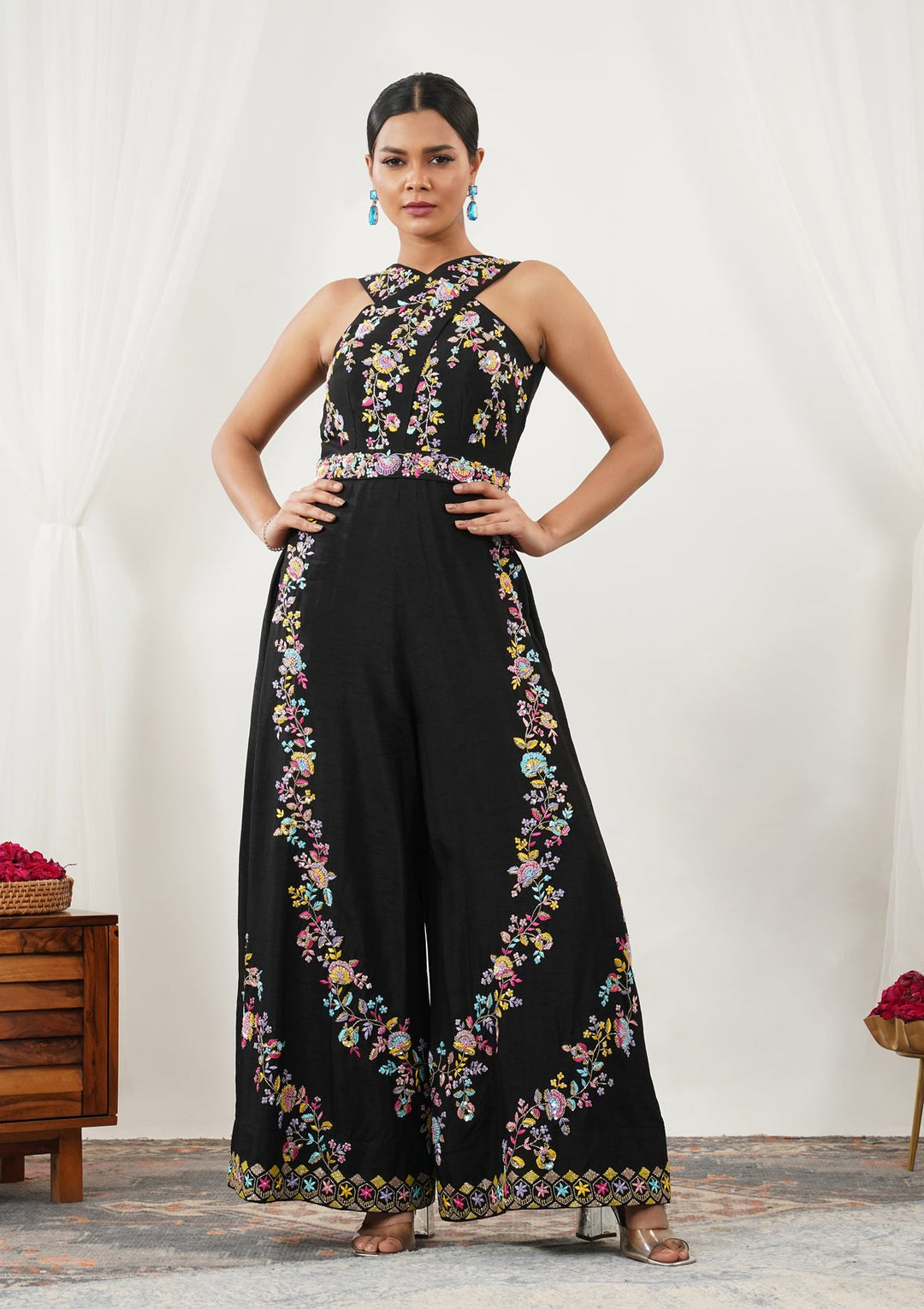 Black Threadwork Silk Readymade Salwar Suit-Koskii