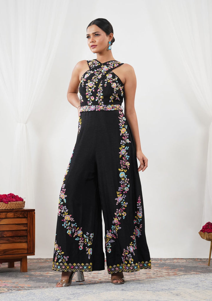 Black Threadwork Silk Readymade Salwar Suit-Koskii