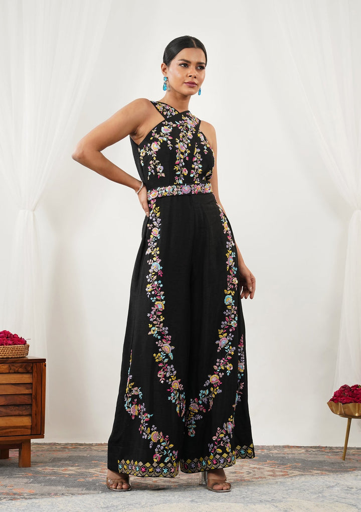 Black Threadwork Silk Readymade Salwar Suit-Koskii