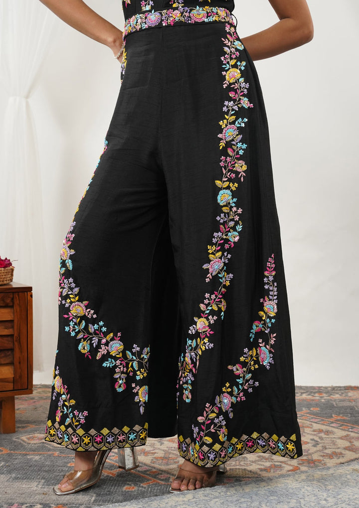 Black Threadwork Silk Readymade Salwar Suit-Koskii