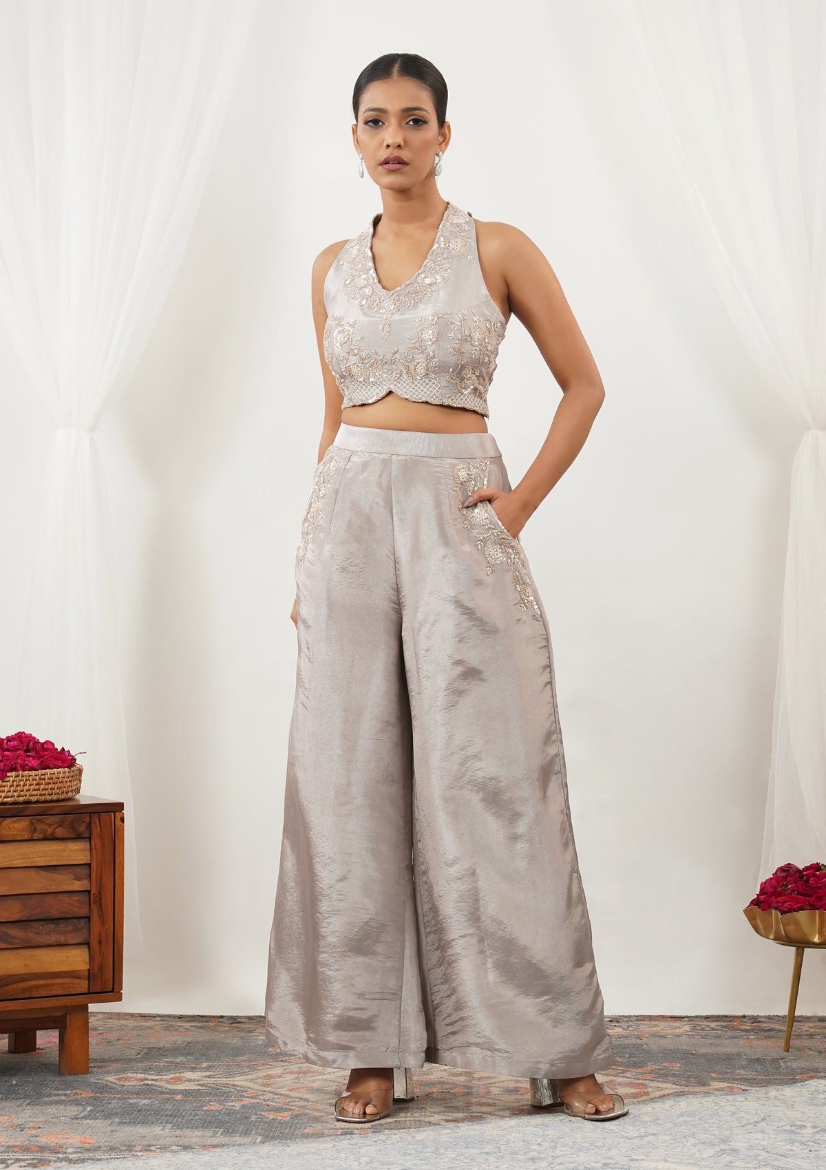 Grey Zariwork Silk Readymade Salwar Suit-Koskii