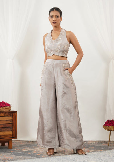 Grey Zariwork Silk Readymade Salwar Suit-Koskii