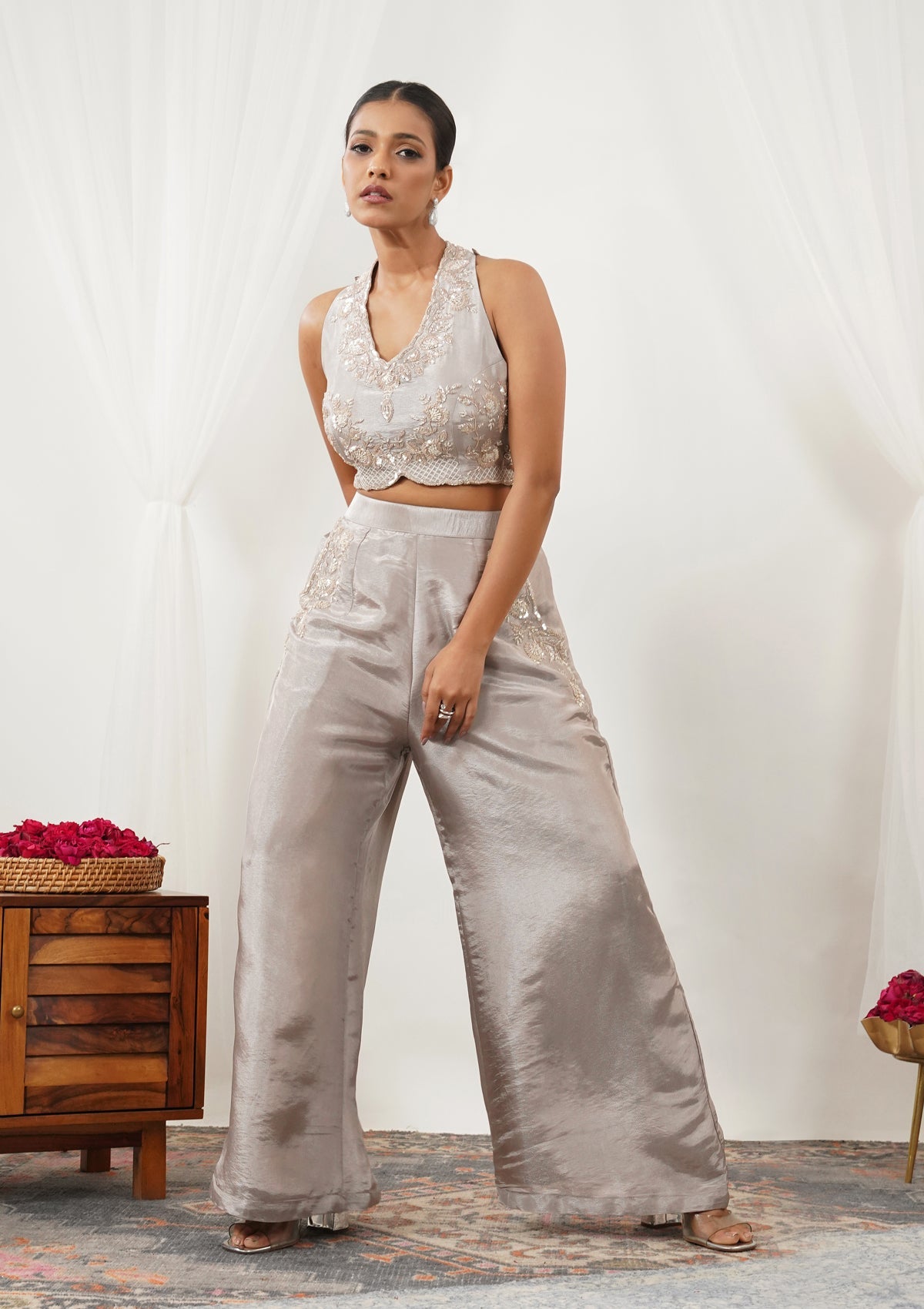 Grey Zariwork Silk Readymade Salwar Suit-Koskii