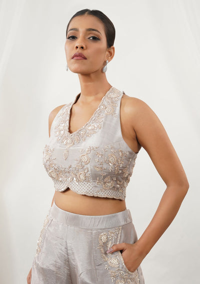 Grey Zariwork Silk Readymade Salwar Suit-Koskii